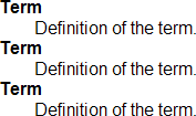 Captura de pantalla d'una llista de definicions amb termes en negreta i definicions amb sagnat.