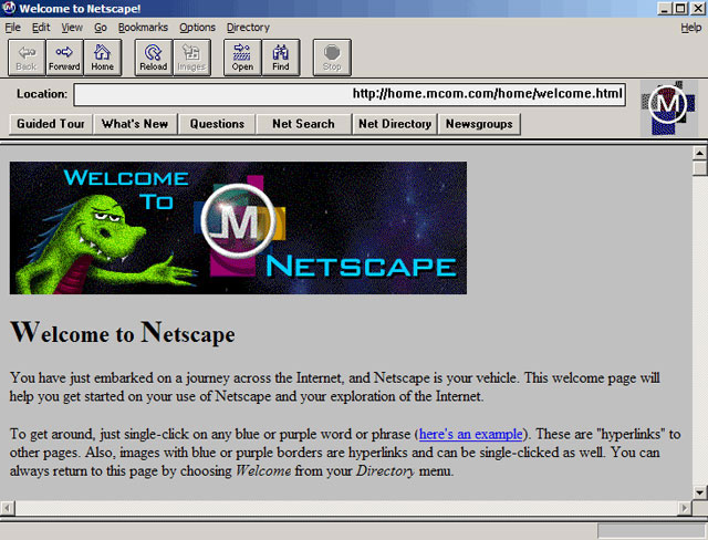 Captura de pantalla de la pàgina d'inici de Mosaic/Navigator on s'explica què són els hiperenllaços.