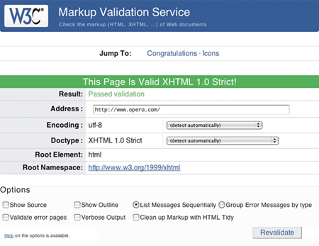 El validador del W3C muestra que el XHTML 1.0 de la página es válido