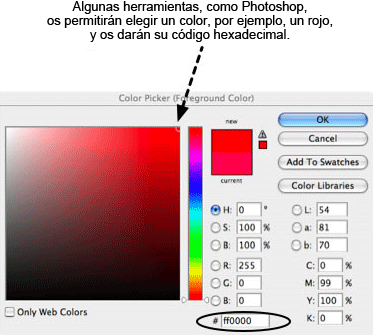 La herramienta Selector de color de Photoshop proporciona el valor hexadecimal del color.