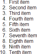 Captura de pantalla de una lista de diez elementos con los marcadores sangrados para que quepa el 10.