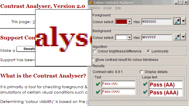 Prueba de color del título hecha con el programa CCA. Dados dos colores de fondo y primer plano, el programa indica se se superan cuatro criterios de contraste entre ambos.