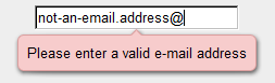 El mensaje de error de Opera para direcciones de correo no válidas en un control email