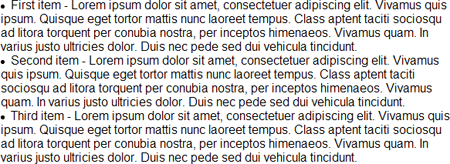 Captura de pantalla d'una llista desordenada amb text de ms d'una lnia per sota dels pics.