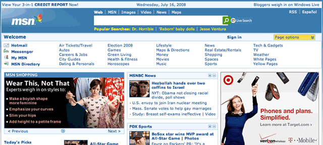 La página de inicio de MSN tiene una cantidad exagerada de enlaces