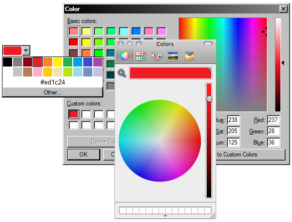 Una entrada de color y los selectores de color nativos de Windows y OS X